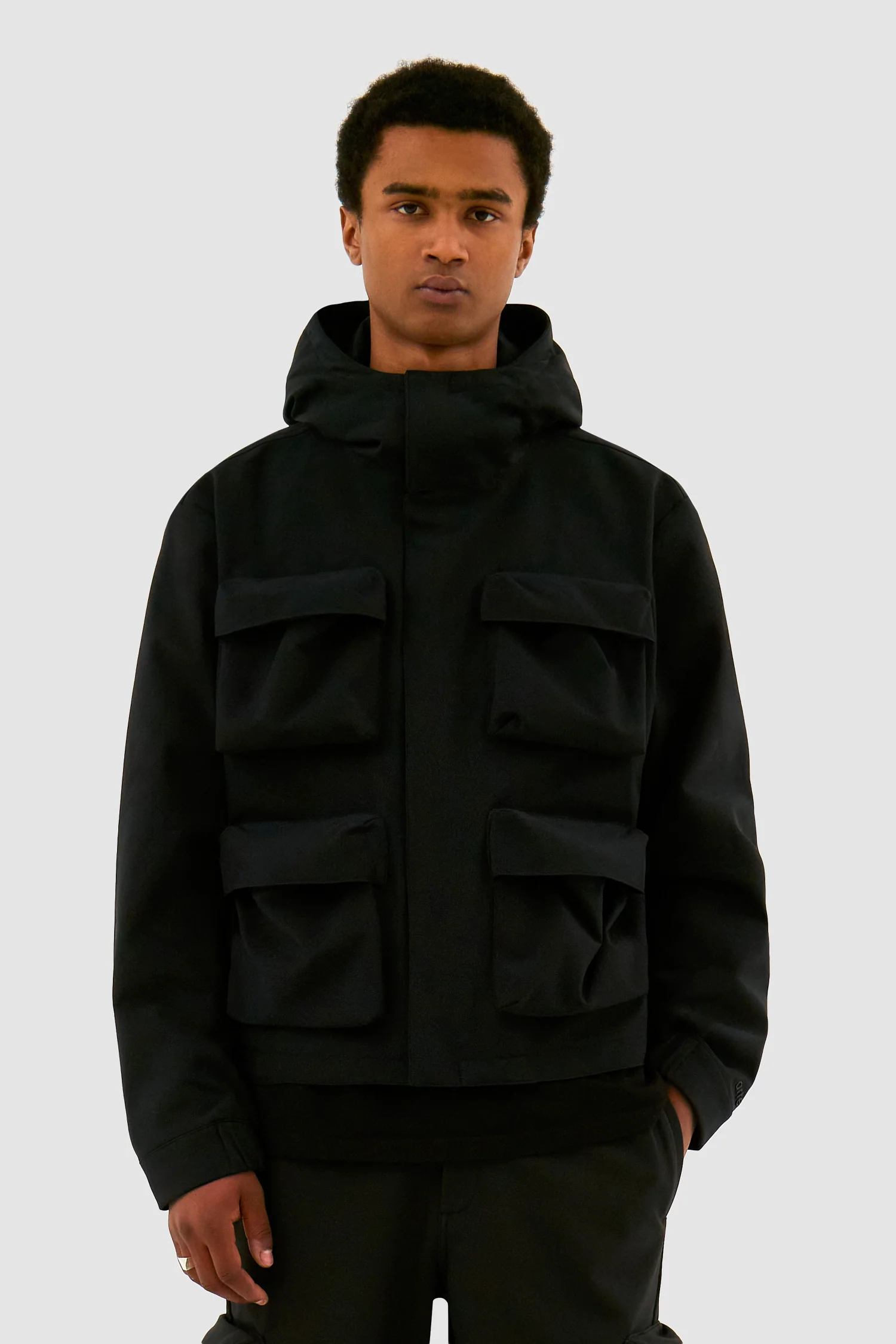 3D Pockets Hooded Nylon Jacket - Black - Image 2