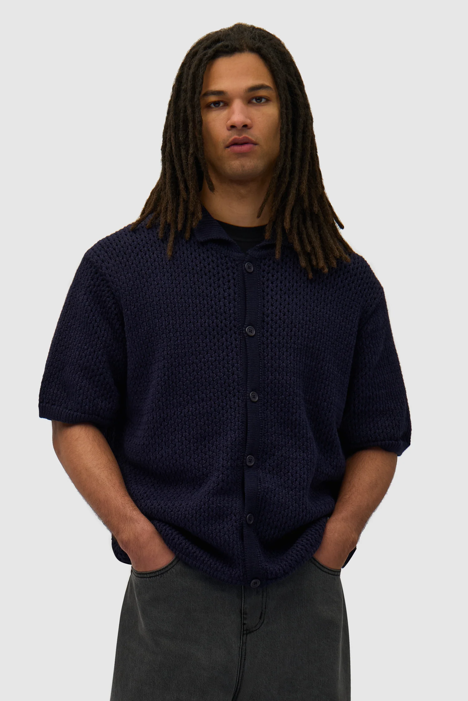 Crochet Knit Button Shirt - Navy - Image 2