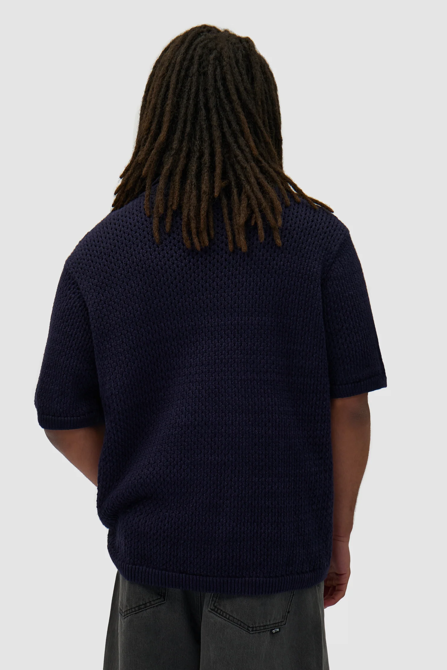 Crochet Knit Button Shirt - Navy - Image 3