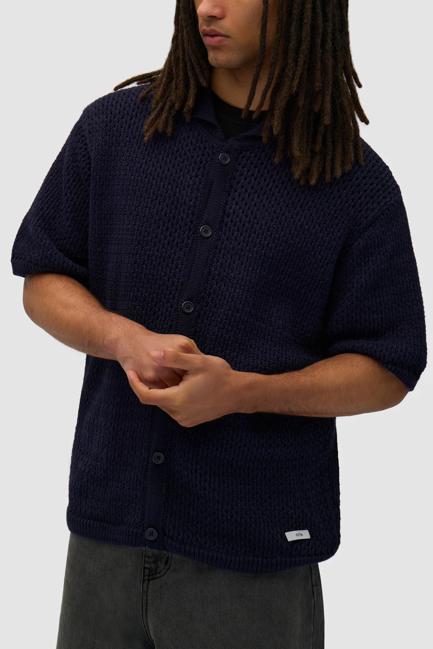 Crochet Knit Button Shirt - Navy - Image 7