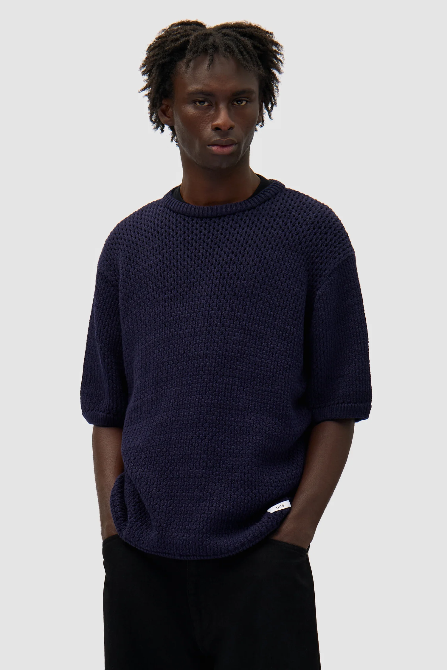 Crochet Knit T-shirt - Navy - Image 2