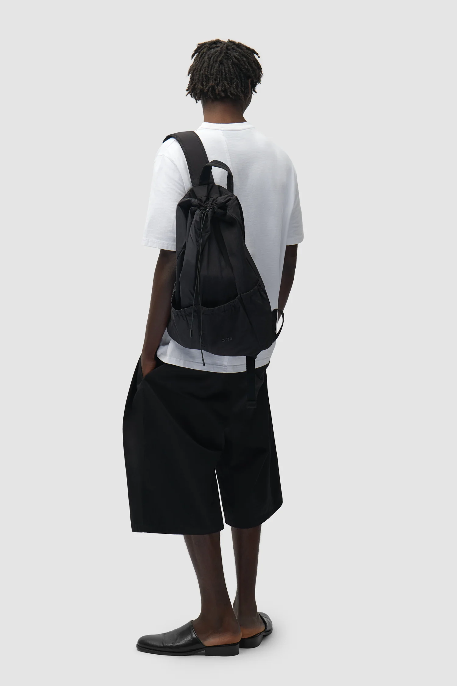 Drawstring Nylon Backpack - Black - Image 3