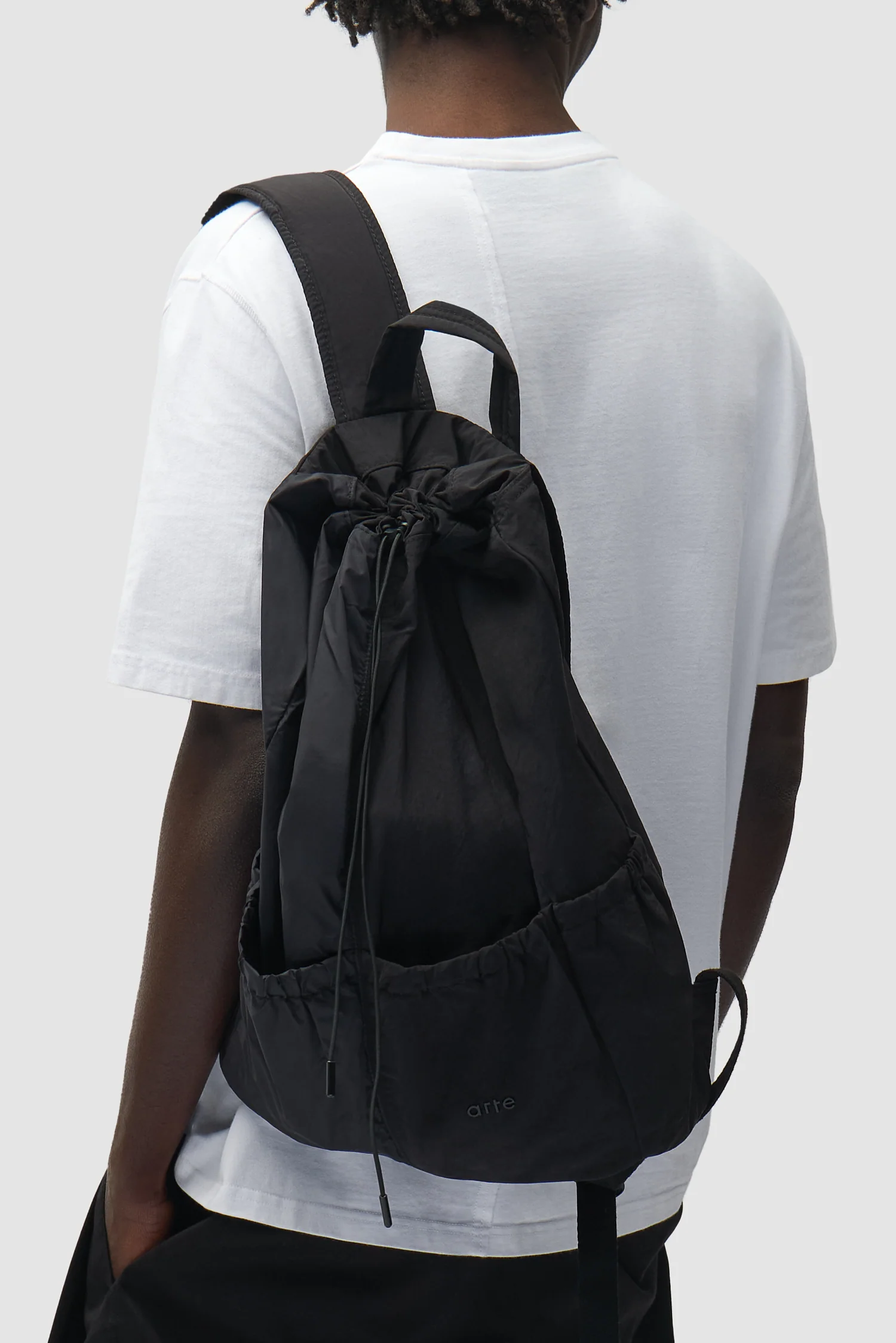 Drawstring Nylon Backpack - Black - Image 4
