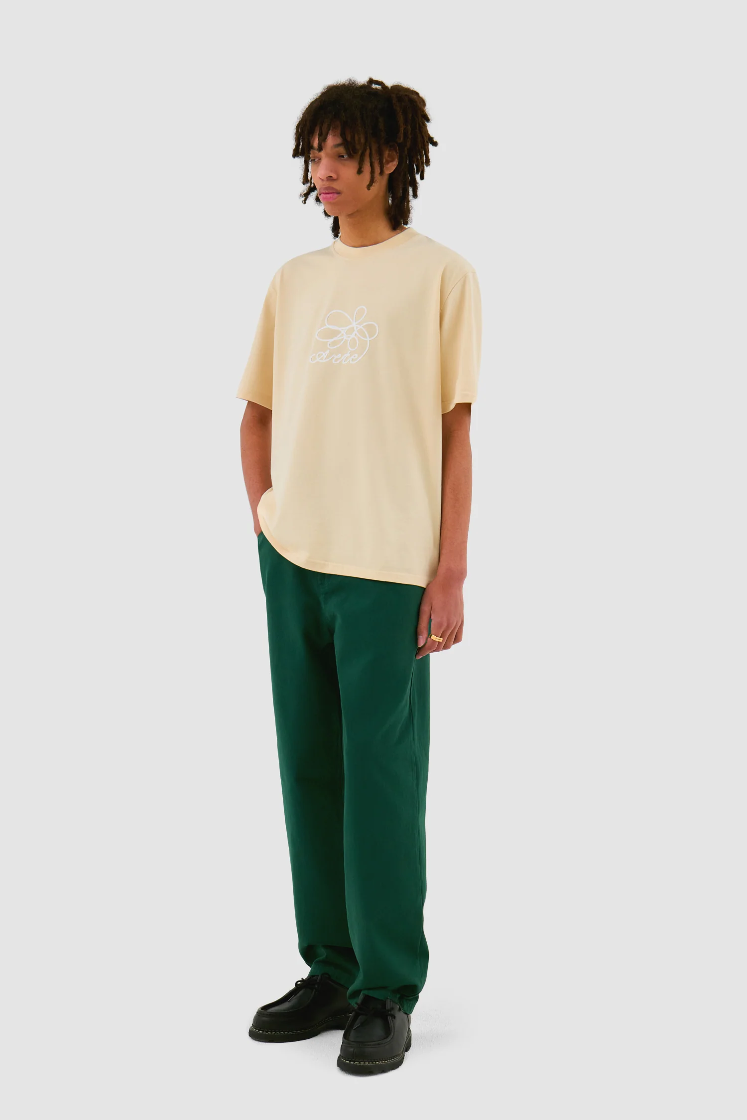 Flower Embroidery T-shirt - Cream - Image 5
