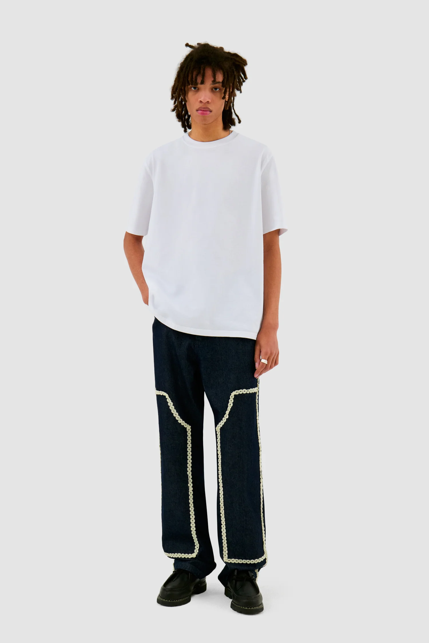 Flower Trim Denim Pants - Dark Wash - Image 4
