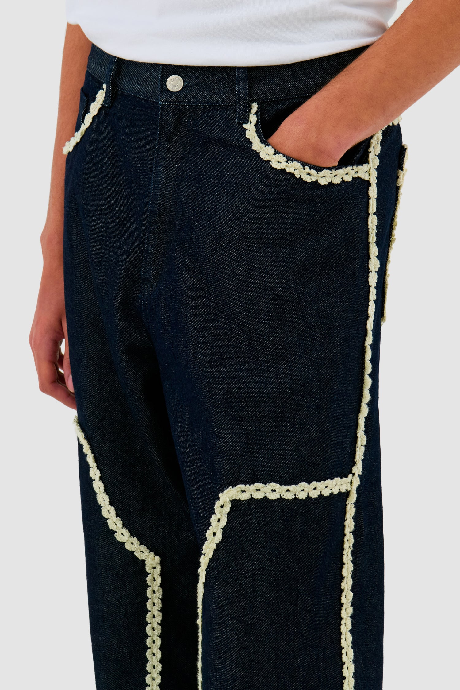 Flower Trim Denim Pants - Dark Wash - Image 7