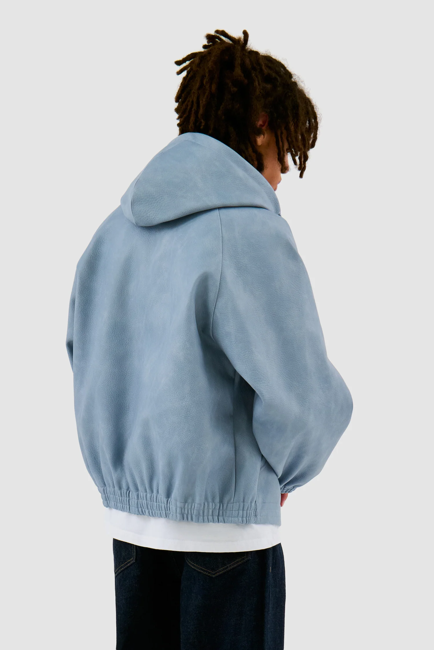 Leather Hooded Jacket - Blue - Image 3