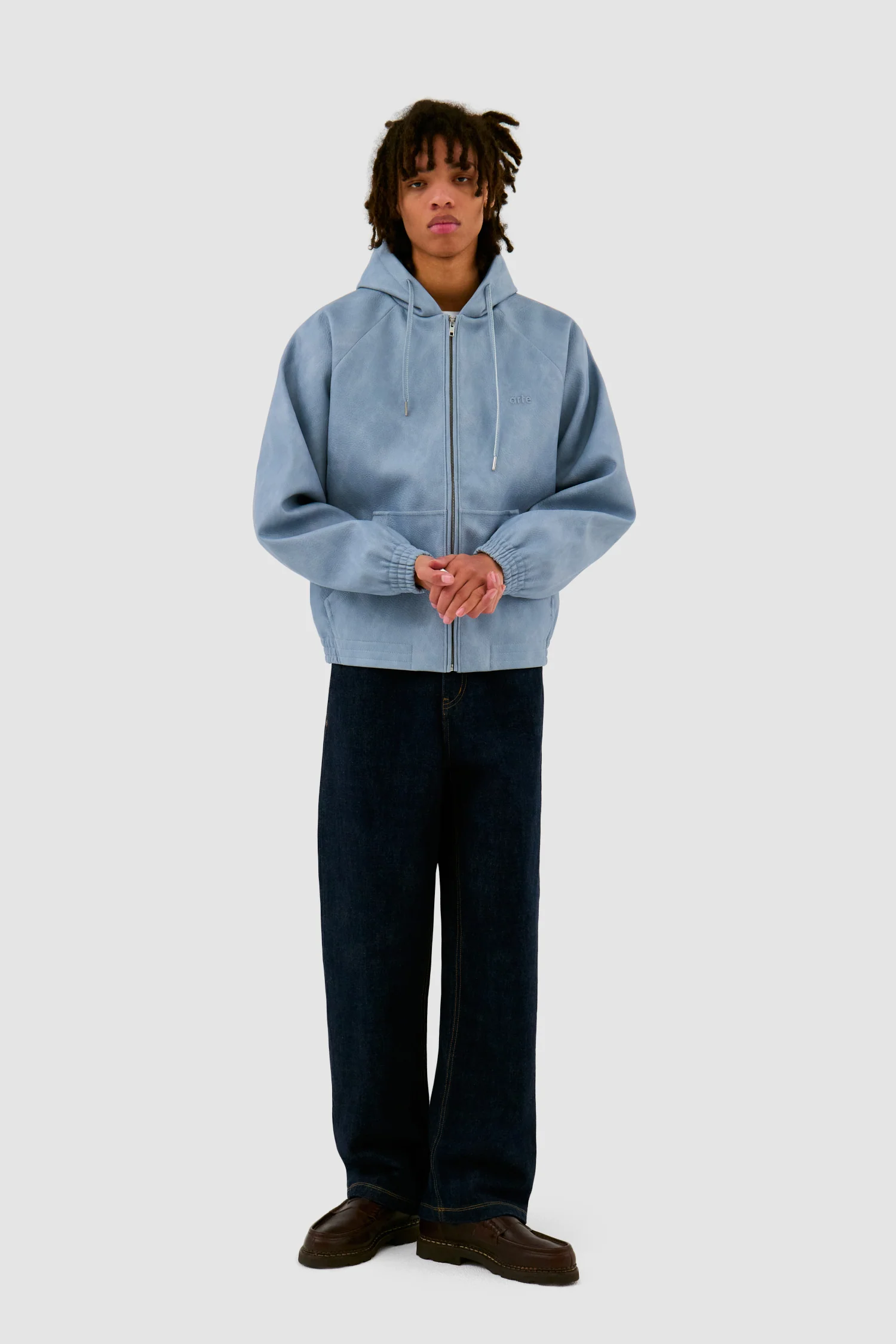 Leather Hooded Jacket - Blue - Image 4