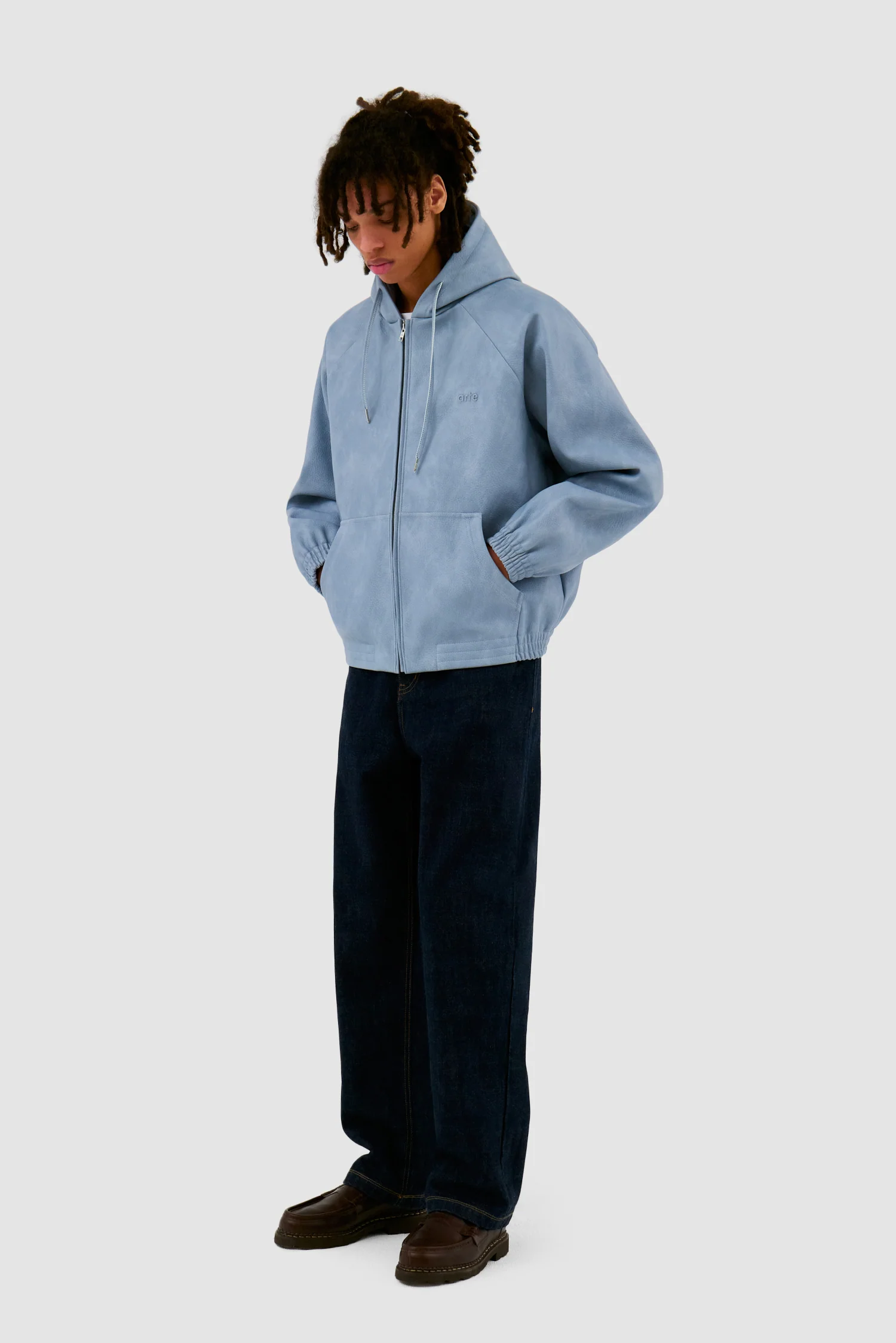 Leather Hooded Jacket - Blue - Image 5