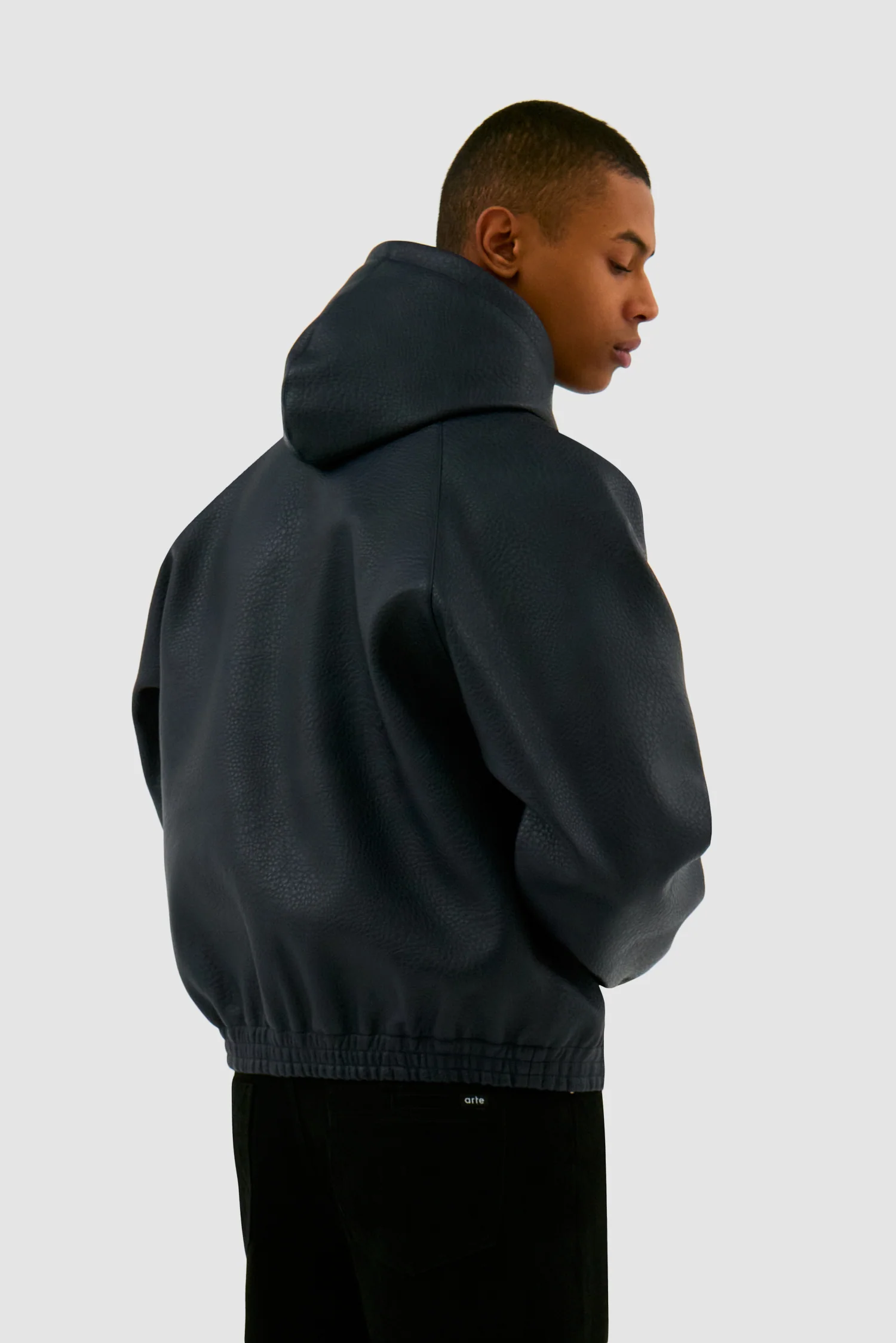 Leather Hooded Jacket - Navy - Image 3