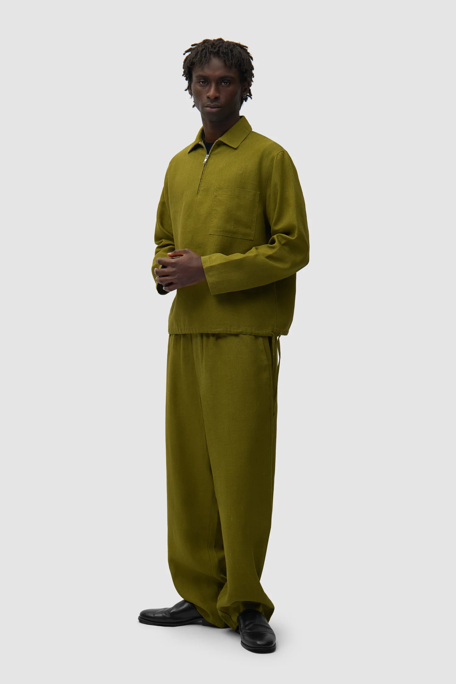 Linen Quarter Zip Pullover - Green - Image 4